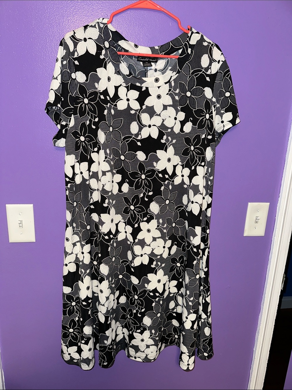 Black and White Floral Midi Dress - Women's Casual Swing Dress